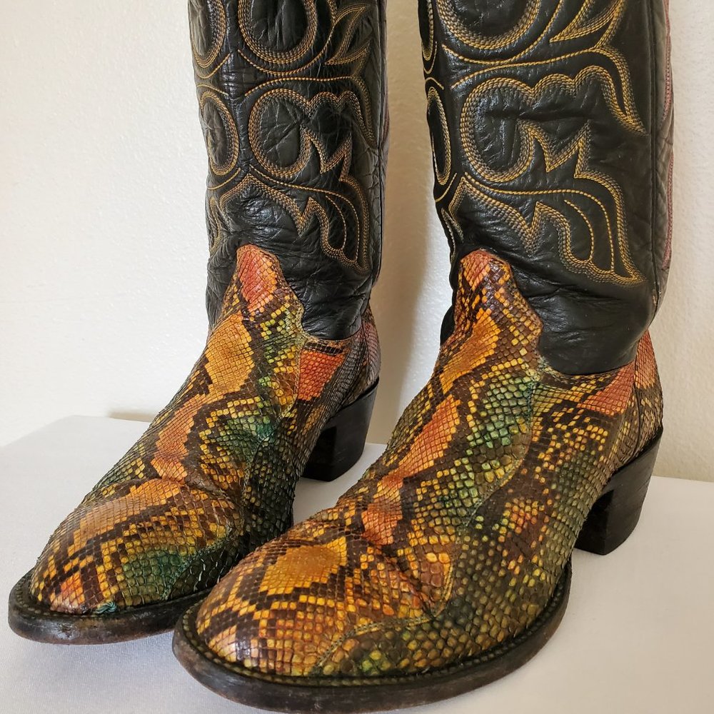 Anaconda 7 1/2 painted green yellow orange black western cowboy boots snakeskin - Picture 3 of 10